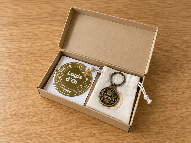 Le coffret cadeau Logis d'Or ouvert : le macaron et le porte-clés gravé dans leur pochette